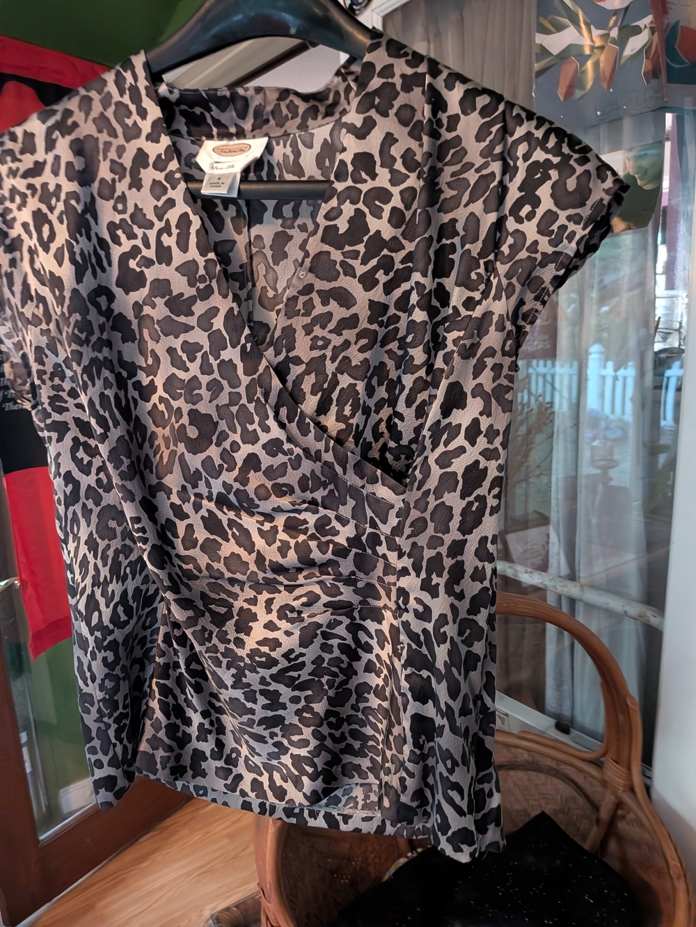 Talbots Leopard Satin Wrap Top - Black and Gray
